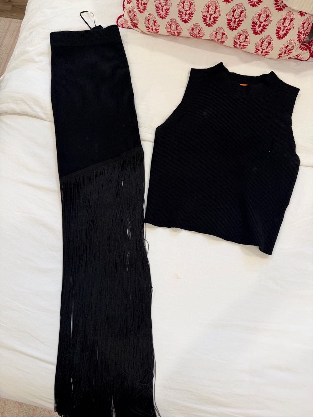 Triple Threads Black Fringe Top and Skirt Set